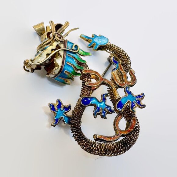 Chinese Export, Dragon, Brooch, Pendant, Enamel, Gold Gilt, Sterling, Vintage - Picture 3 of 4